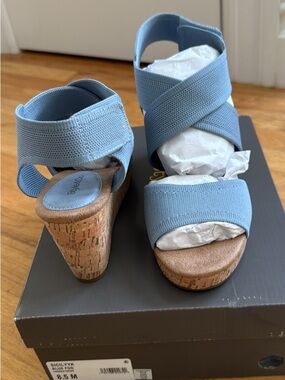 Style & Co. Light Blue Elastic Cross-Strap Cork Wedge Sandals - Women
